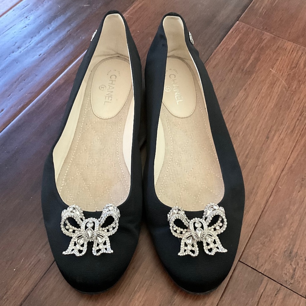 CHANEL Grosgrain Crystal Bow Cap Ballet Flats Black 37.5
